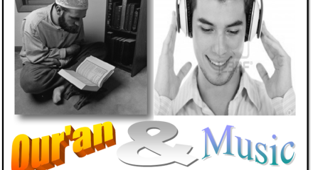 On the left side of the picture, someone recites the Qur'an from the Mushaf while on the right, someone uses a headphone in order to listen to music.