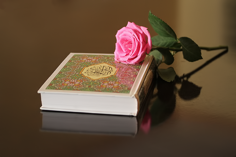 A flower and a hard copy of the Qur'an.